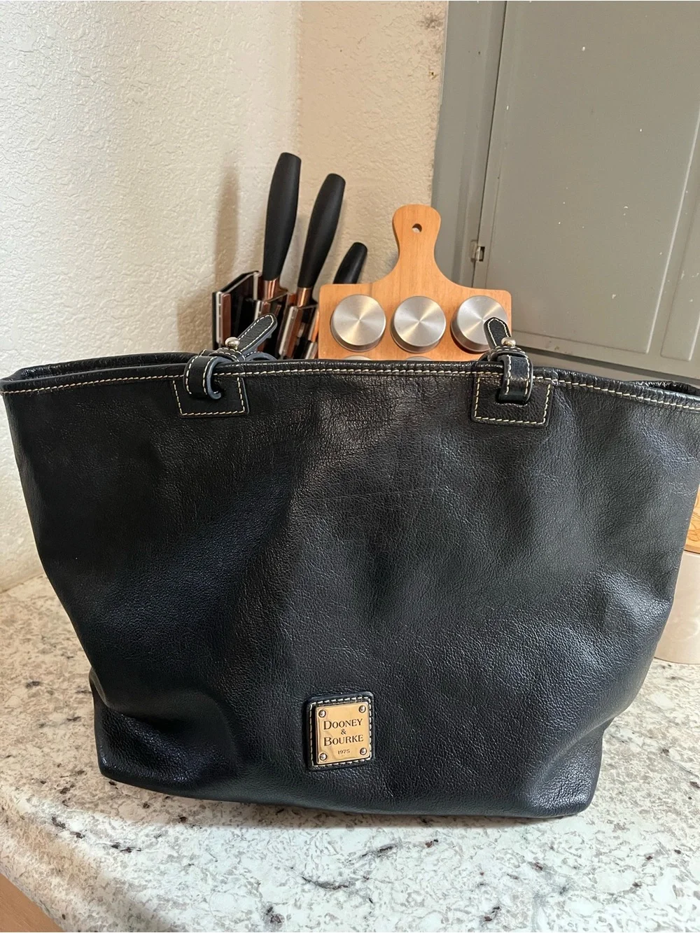 Dooney & Bourke Black Leather Tote with Contrasting Stitching